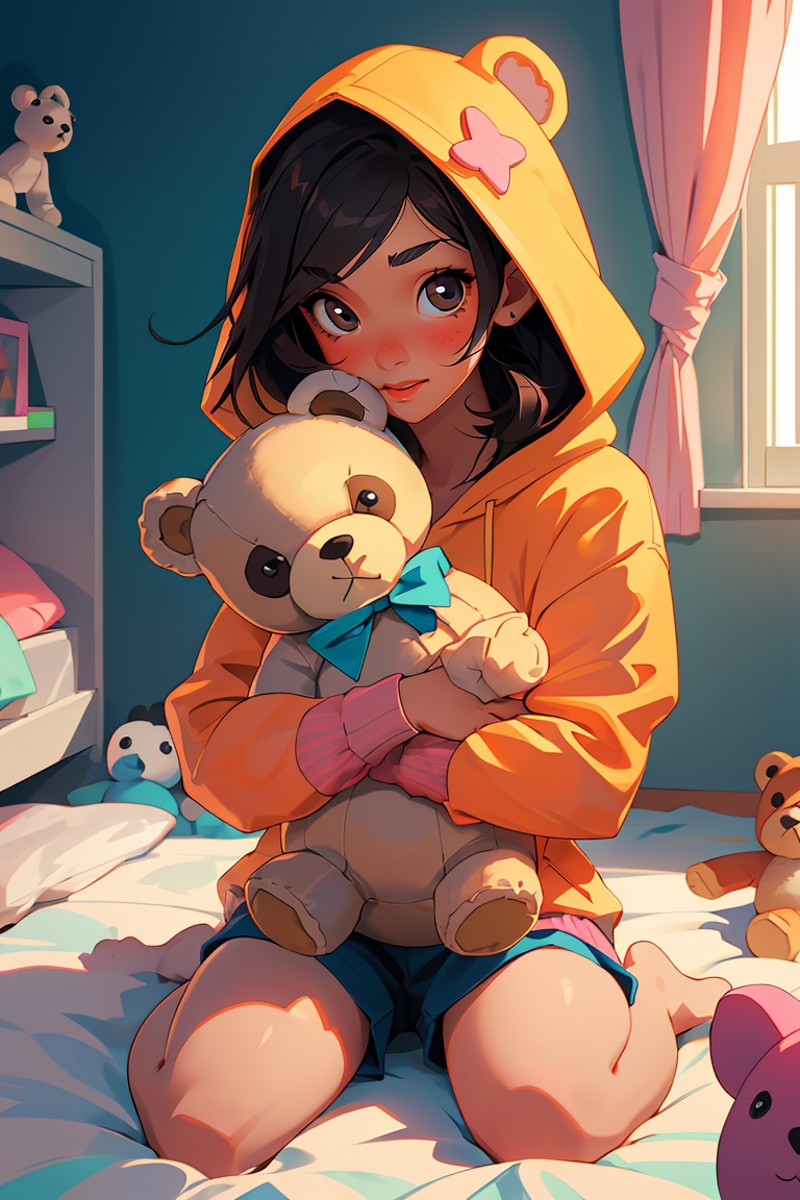 (masterpiece, best quality), 1girl, hugging teddy bear, wariza, in room, sunlight, stuffed toy, hoodie
